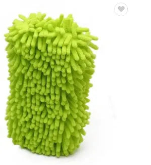 Silver green microfiber car wash sponge measuring 14x25cm on a car surface.