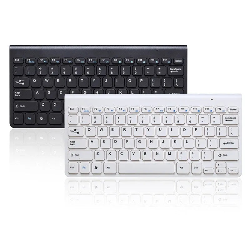 Black and white wireless keyboard and mouse set showing 78-key layout and 4-button mouse design
