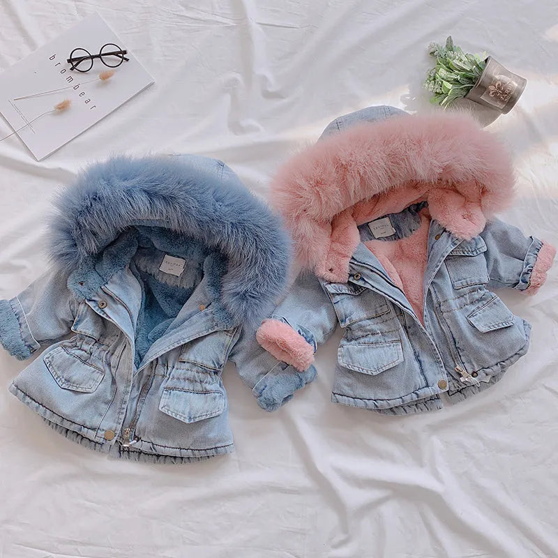 Blue girls' denim coat with a non-removable hood and fleece lining, shown on a hanger.