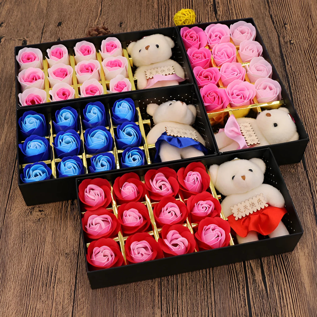 Gift box containing twelve bear-shaped soap flowers styled as roses in assorted colours