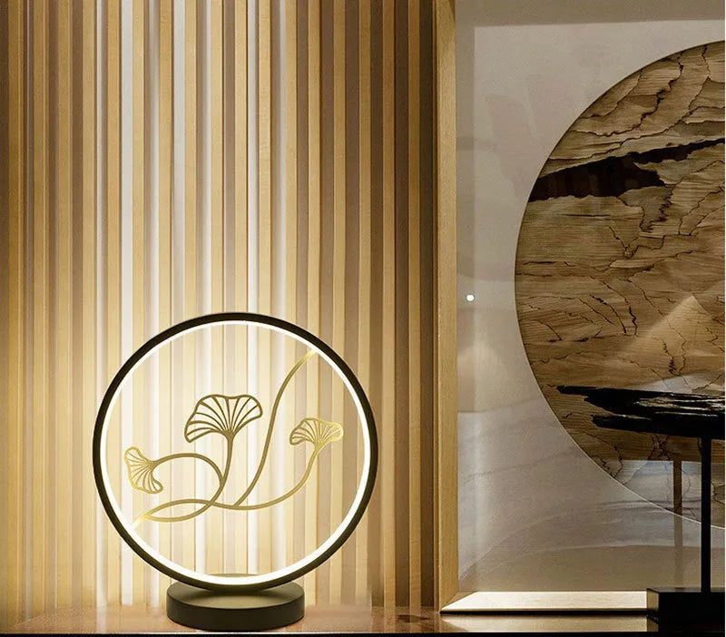 Chinese style ceramic LED table lamp, matte black, with glass lampshade on side table