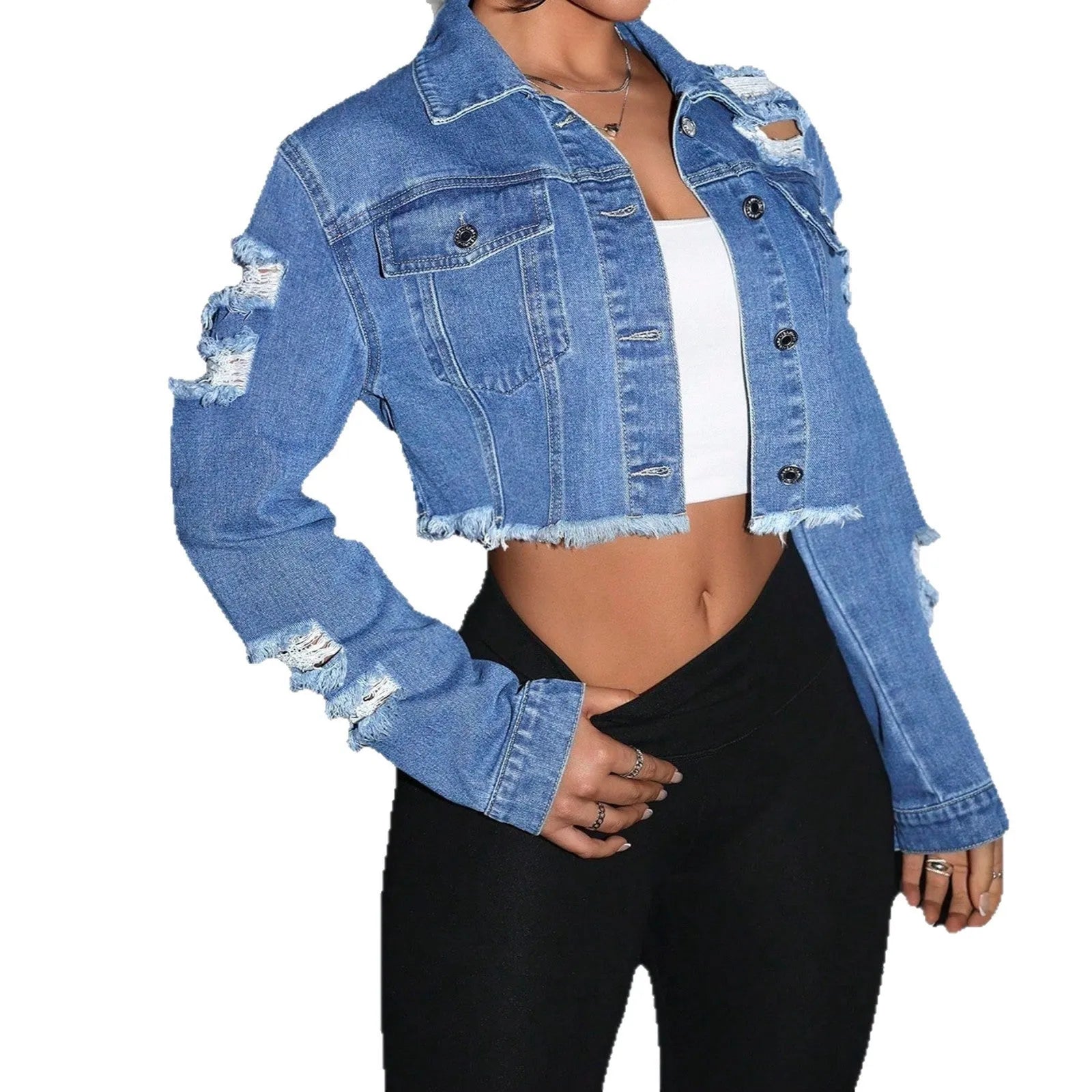 Long sleeve lapel ripped burr denim coat in light blue, slim fit, street hipster style
