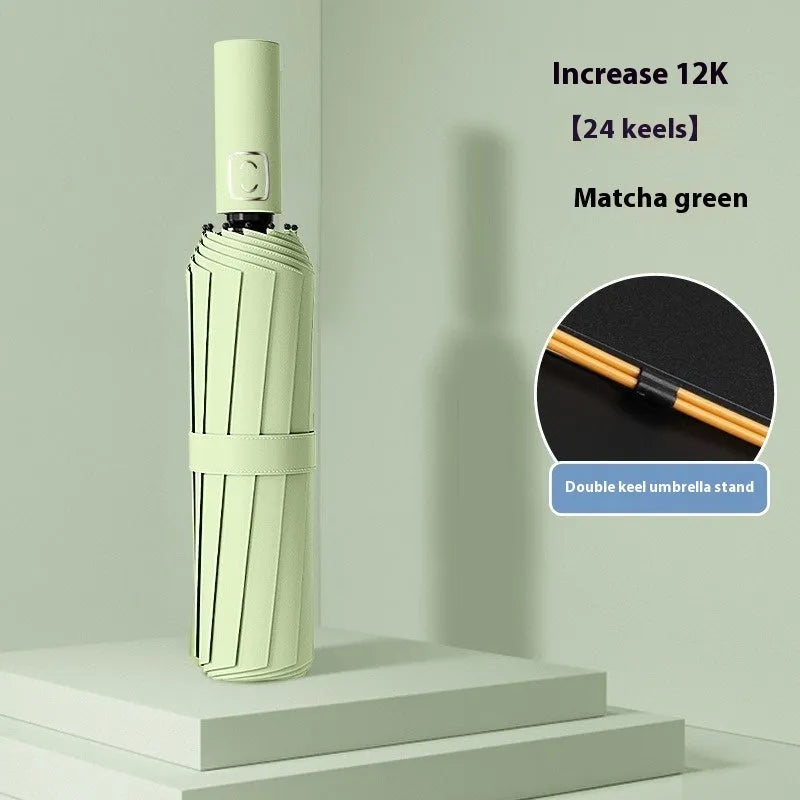 A large, open triple-folding rain umbrella with a plastic handle, shown in one of eight available colours.