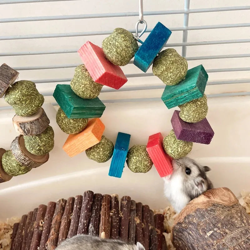 Hamster chew toy with decorative straw ball ring and applewood molar rods for small pets