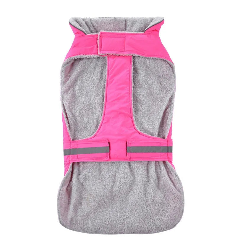 Reflective dog coat in pink or purple, polyester, sizes S to XXL for winter night walks