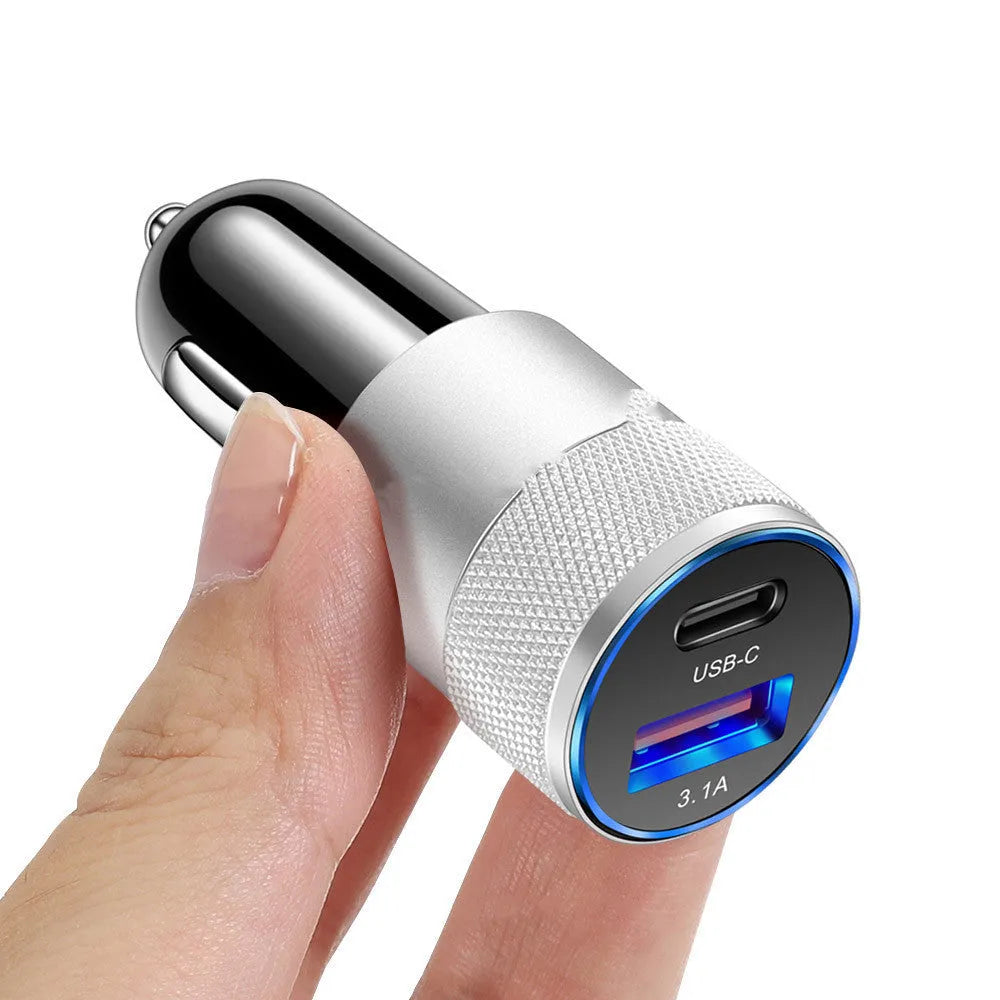 Aluminium alloy car charger in All Black and Black Silver colours with compact 2.5x6cm dimensions