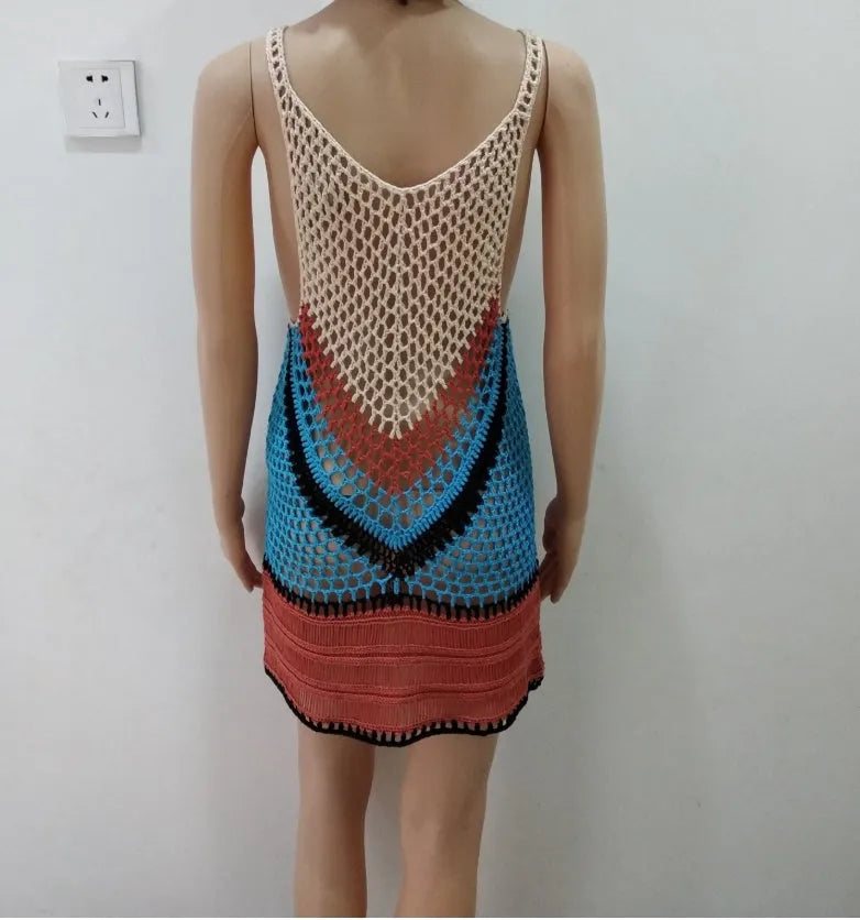 Beige knitted cutout bikini top with polyester fabric, shown on a model at the beach with three size options