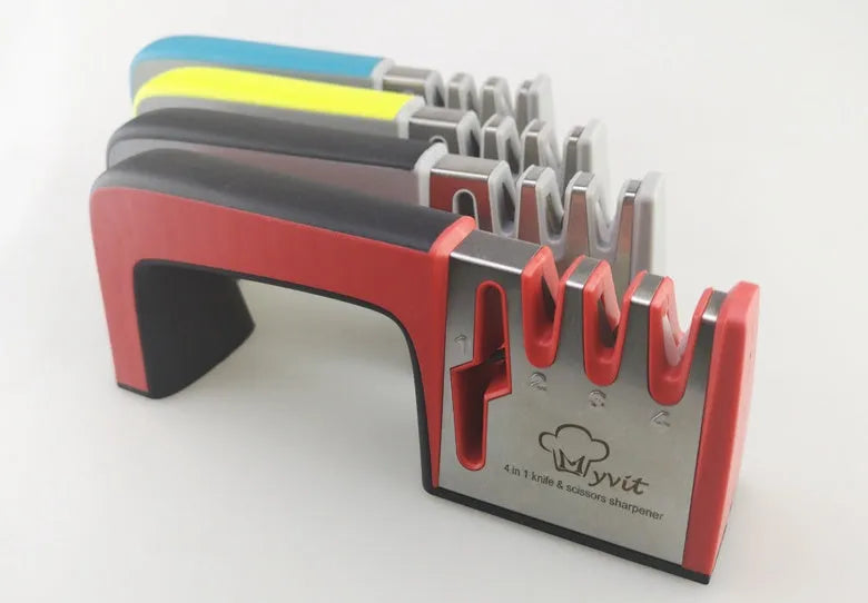 4-in-1 manual kitchen knife sharpener with black and cyan TPR handle, showing sharpening slots.