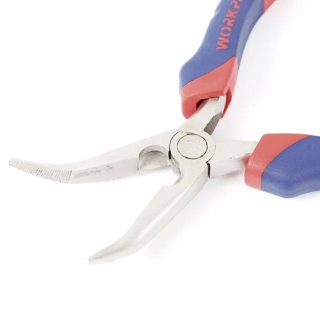 Blue curved nose pliers with double-colour sleeve handles for electrical and automotive work