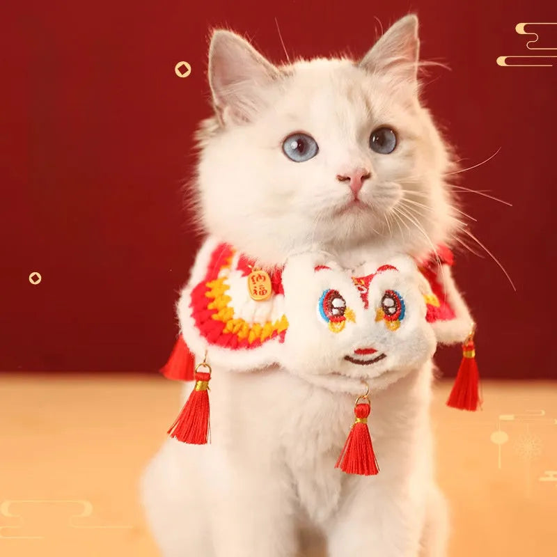 New Year pet scarf collar in Lion Dance Blessing design for cat or dog, size S or M, festive autumn winter accessory