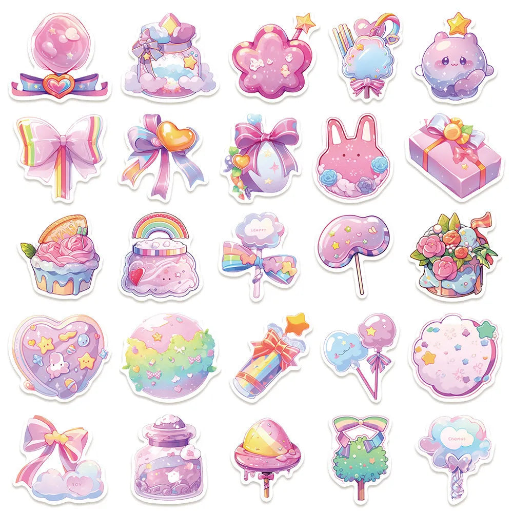 Pack of fresh candy-coloured decorative stickers with small object designs, scale showing 4-7 cm size.