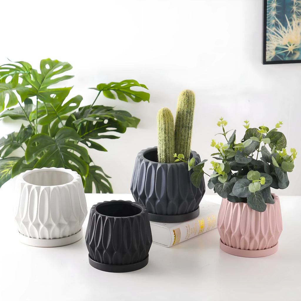Medium grey ceramic flowerpot for tabletop indoor plants