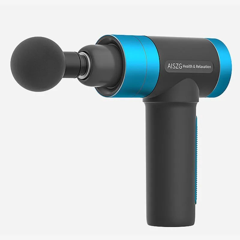 USB muscle massager in blue with space aluminium body, five speed control, and compact 225x185x60mm size