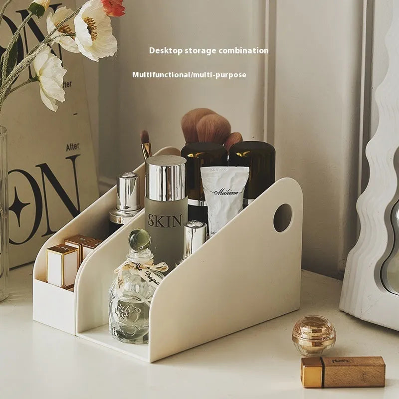 Desktop storage box with two grid layers in milk coffee colour measuring 14.5x17x22cm