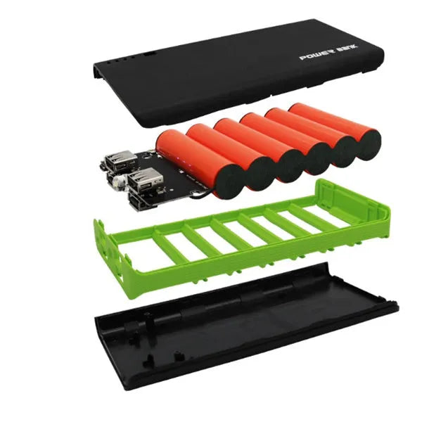 Red 20000mAh power bank showing dimensions and USB ports for charging phones and tablets.