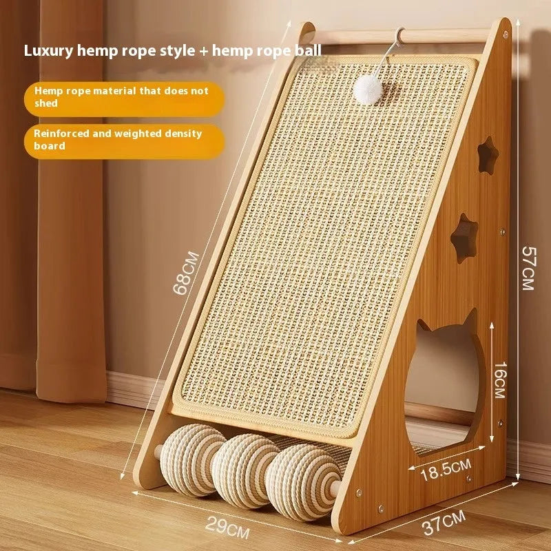 Vertical cat scratch board with funny ball style, made from sisal and hemp rope on a density plate.