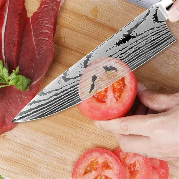 6-piece 7CR17 stainless steel knife set with wooden handles and laser Damascus pattern on silver blades