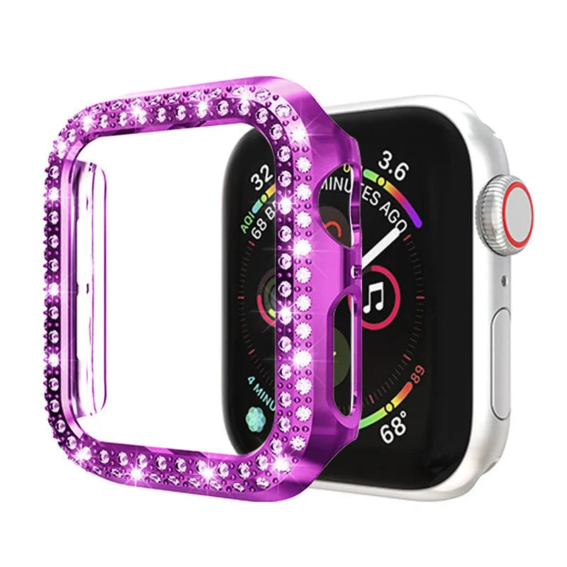 Transparent polycarbonate protective case for an Apple Watch, shown next to colour swatches.
