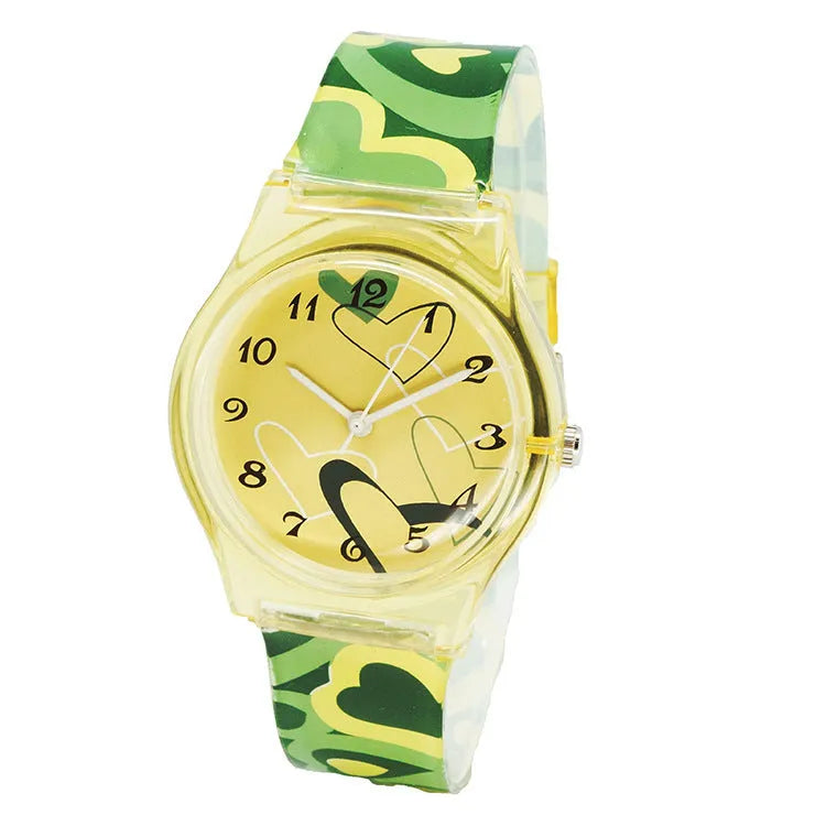 Cute girl quartz watch with animal print dial and pink PVC band on white background