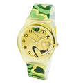 Cute girl quartz watch with animal print dial and pink PVC band on white background