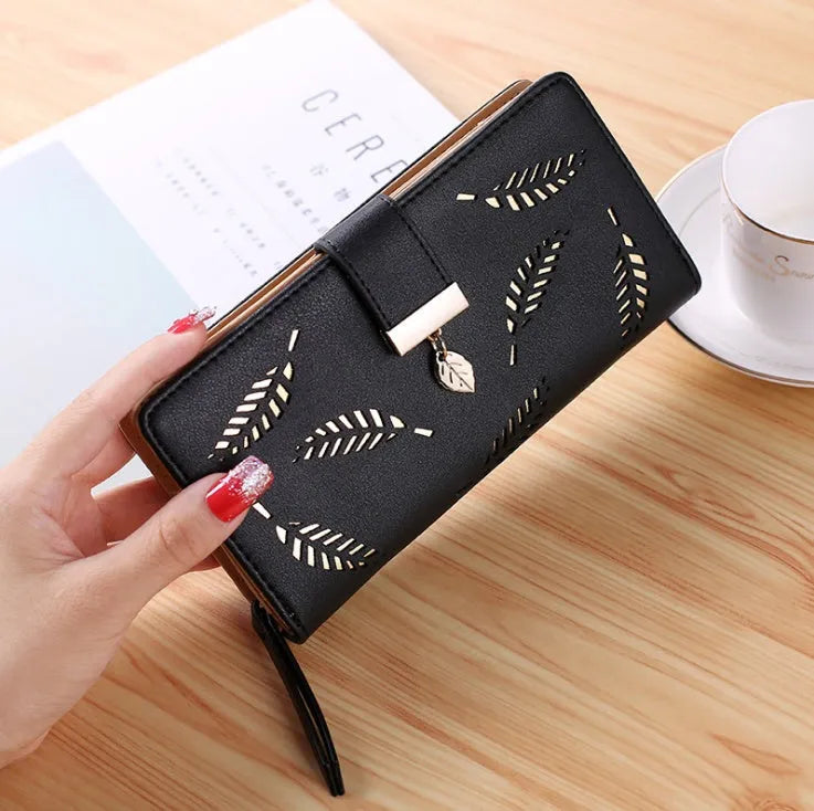 Women's long wallet in gold hollow leaves design, faux leather, available in multiple colours