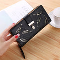 Women's long wallet in gold hollow leaves design, faux leather, available in multiple colours