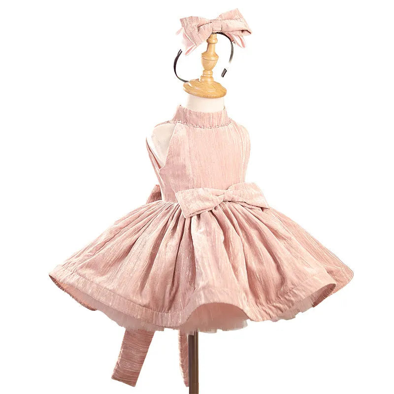 Girls pink halter pettiskirt dress for birthday parties, polyester lining, sizes 80cm to 160cm