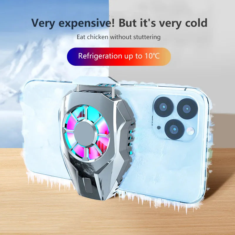 Mini mobile phone cooler in black with USB cable and metal radiator surface attached to smartphone