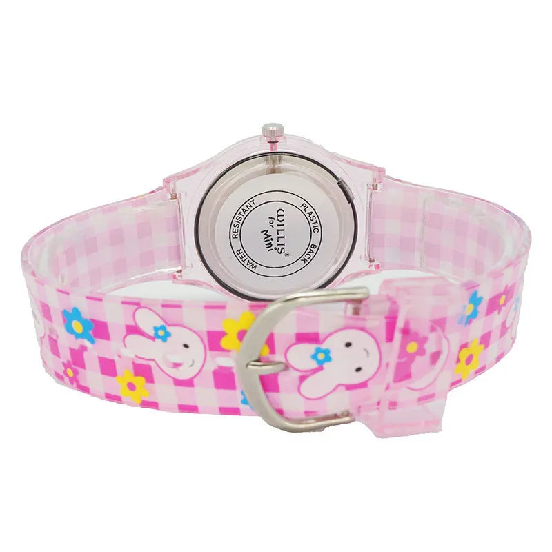 Cute girl quartz watch with animal print dial and pink PVC band on white background