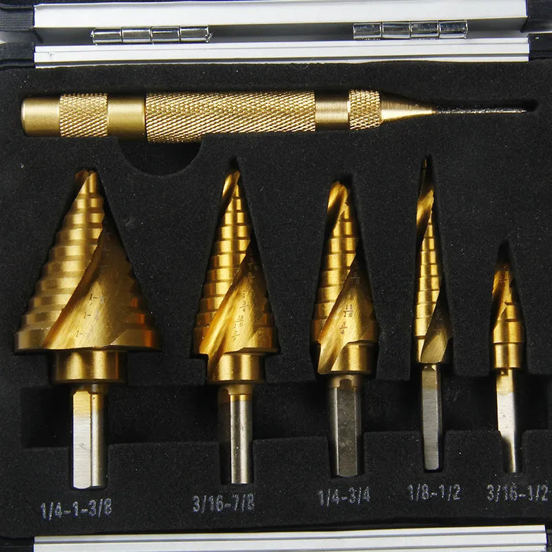 Gold-coloured steel and aluminium adjustable cutting tool with 118-degree blade tip.
