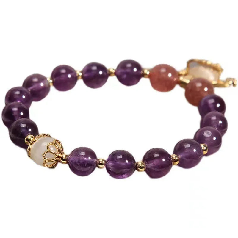 Handmade copper longevity lock bracelet with amethyst crystal and ruyi charms
