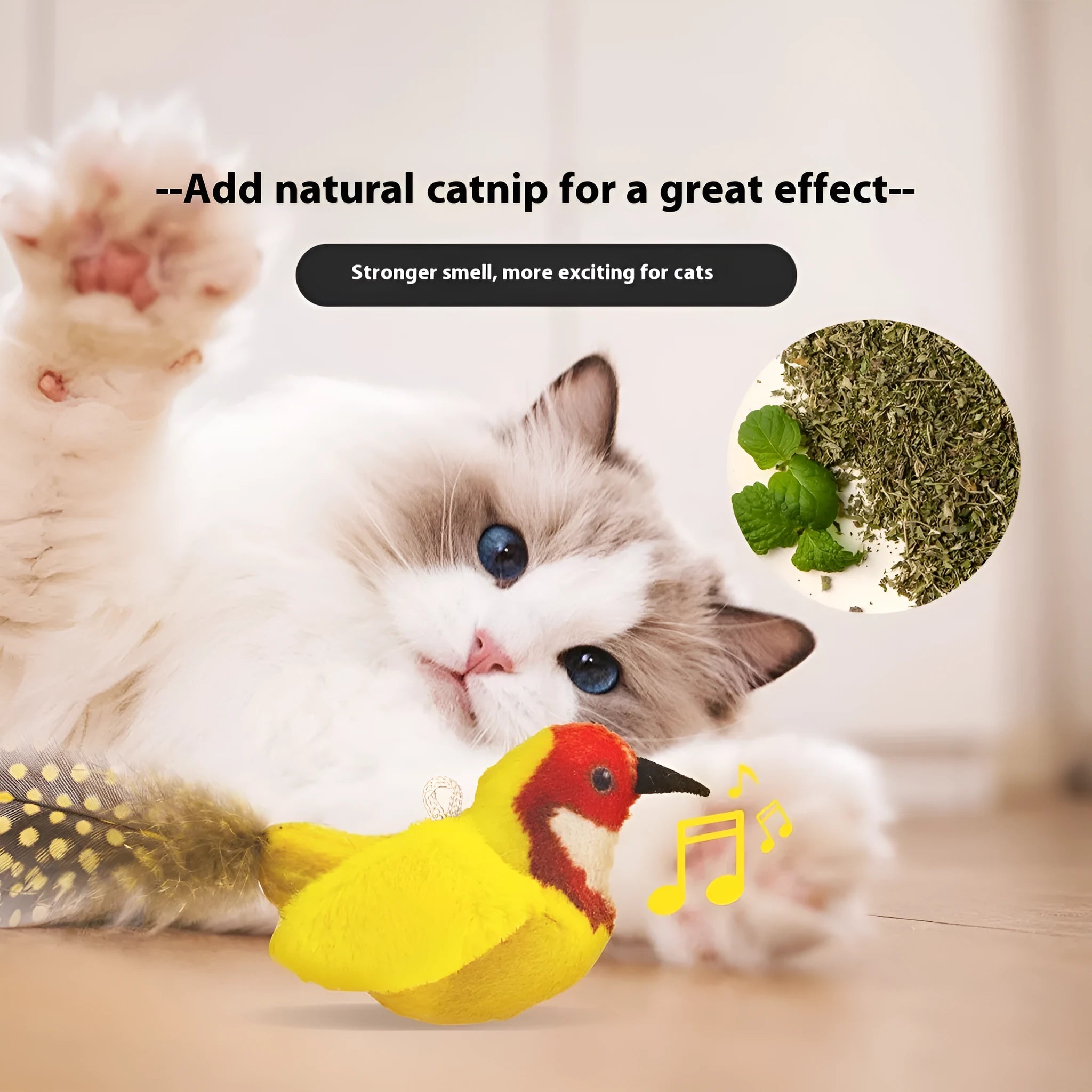 Bird simulation plush cat toy in blue kingfisher colour with realistic bird shape design