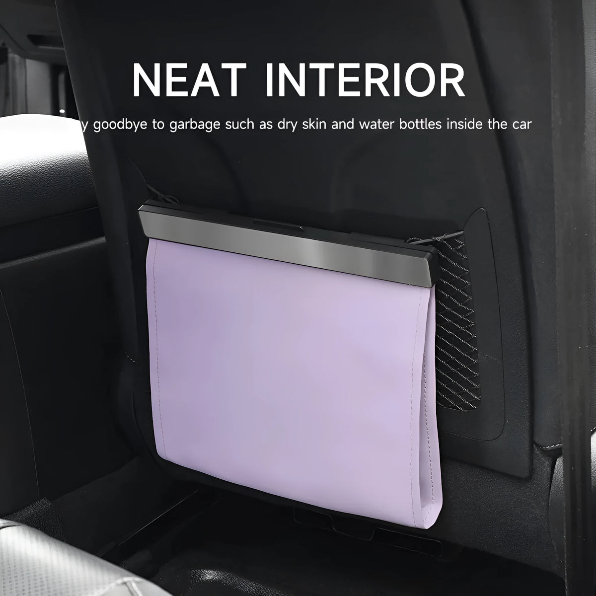 Leather car garbage bag with magnetic mount and LED lights, shown as a hanging vehicle storage bag.