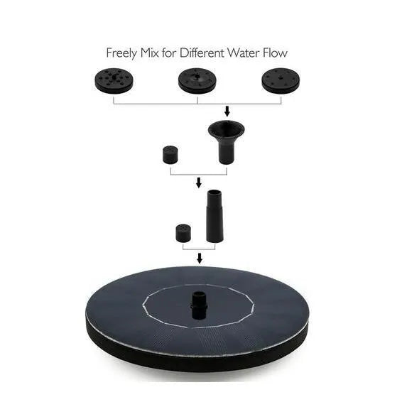 Black solar panel fountain pump with four nozzle heads for garden birdbaths and ponds.
