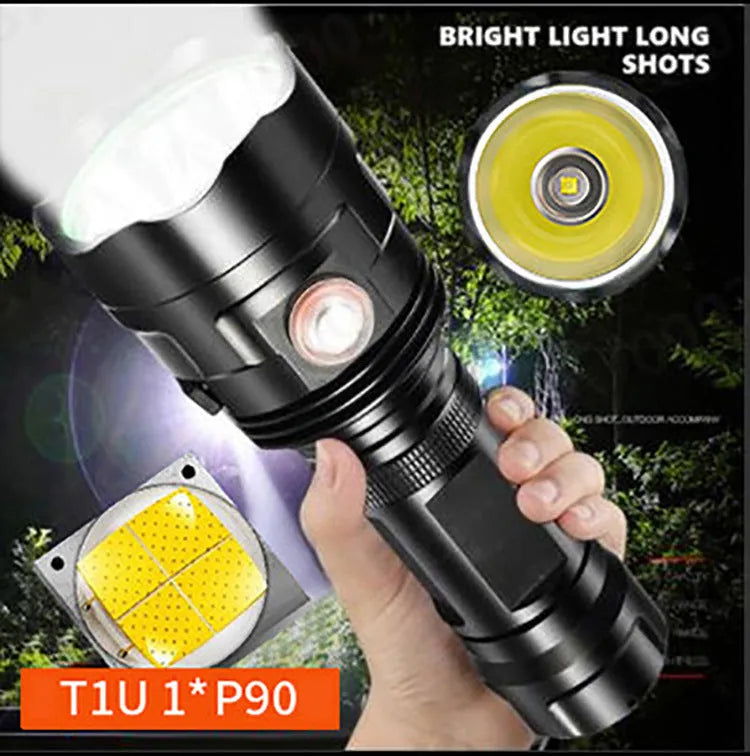 Black aluminium alloy tactical LED flashlight with a large 55mm head, shown with USB cable and yellow box.