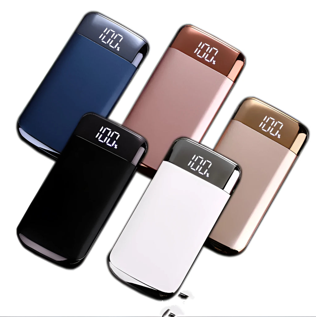 Square aluminium alloy power bank with digital display and multiple USB ports in various colours