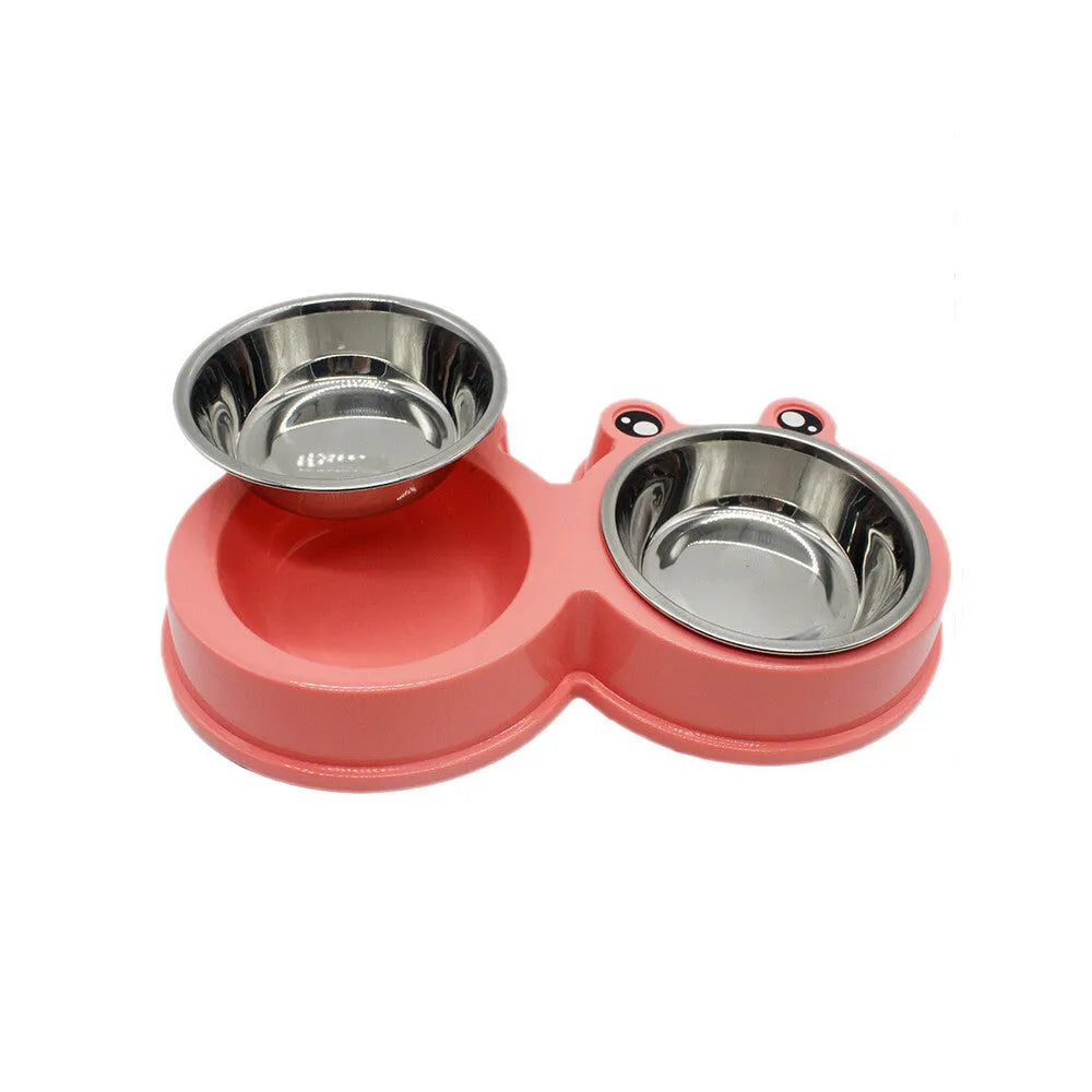 Double pet bowl with stainless steel compartments and pink ABS outer rim, 28cm long