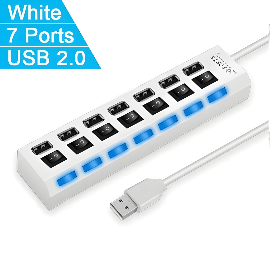 Black and white USB 3.0 hub showing 4-port and 7-port models for laptop computer peripherals.
