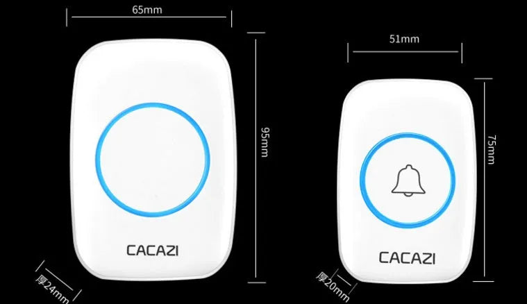 Wireless doorbell system with plug-in receiver and push button transmitter showing colour options