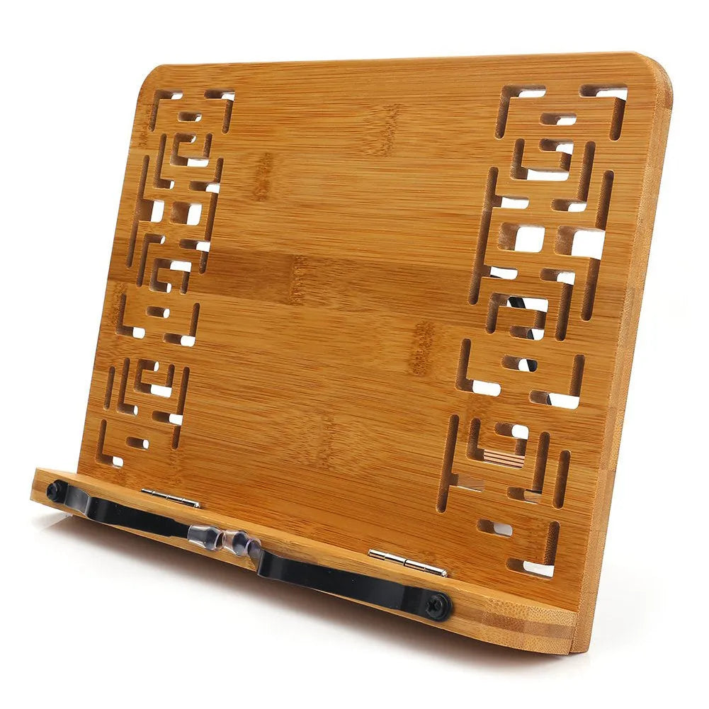Solid wood bamboo hollow reading frame in Glossy finish, size M 34x24 cm, on a desk holding an open book