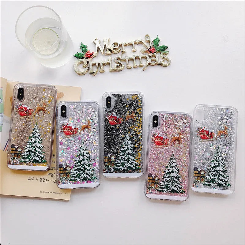 Christmas quicksand design iPhone case showing transparent double layer TPU and PC construction