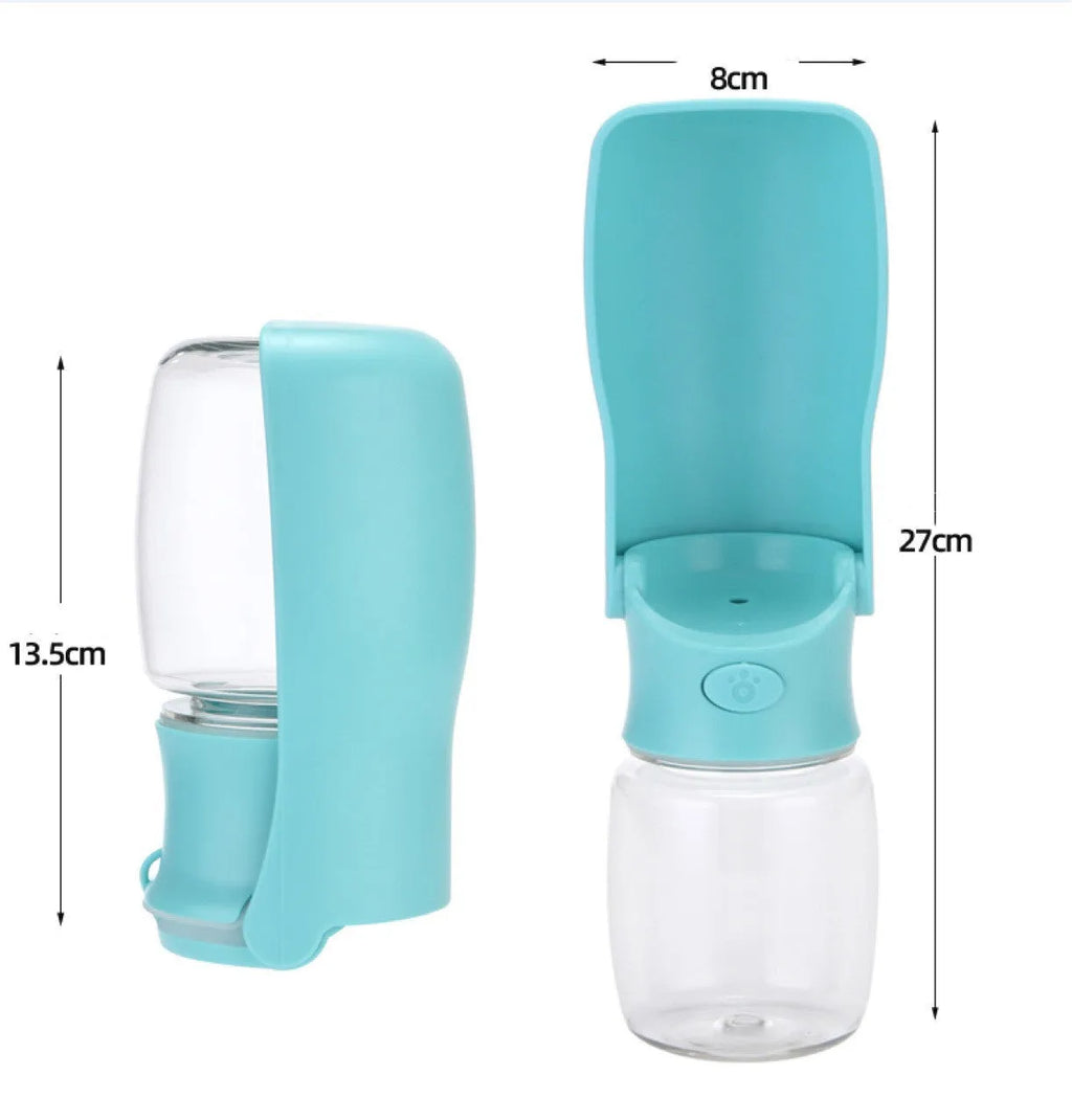 Blue foldable plastic dog water bottle and drinking bowl dispenser shown unfolded.