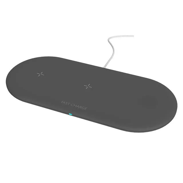 Black three-in-one wireless charging station for Apple mobile phone, iWatch and headphones on desktop