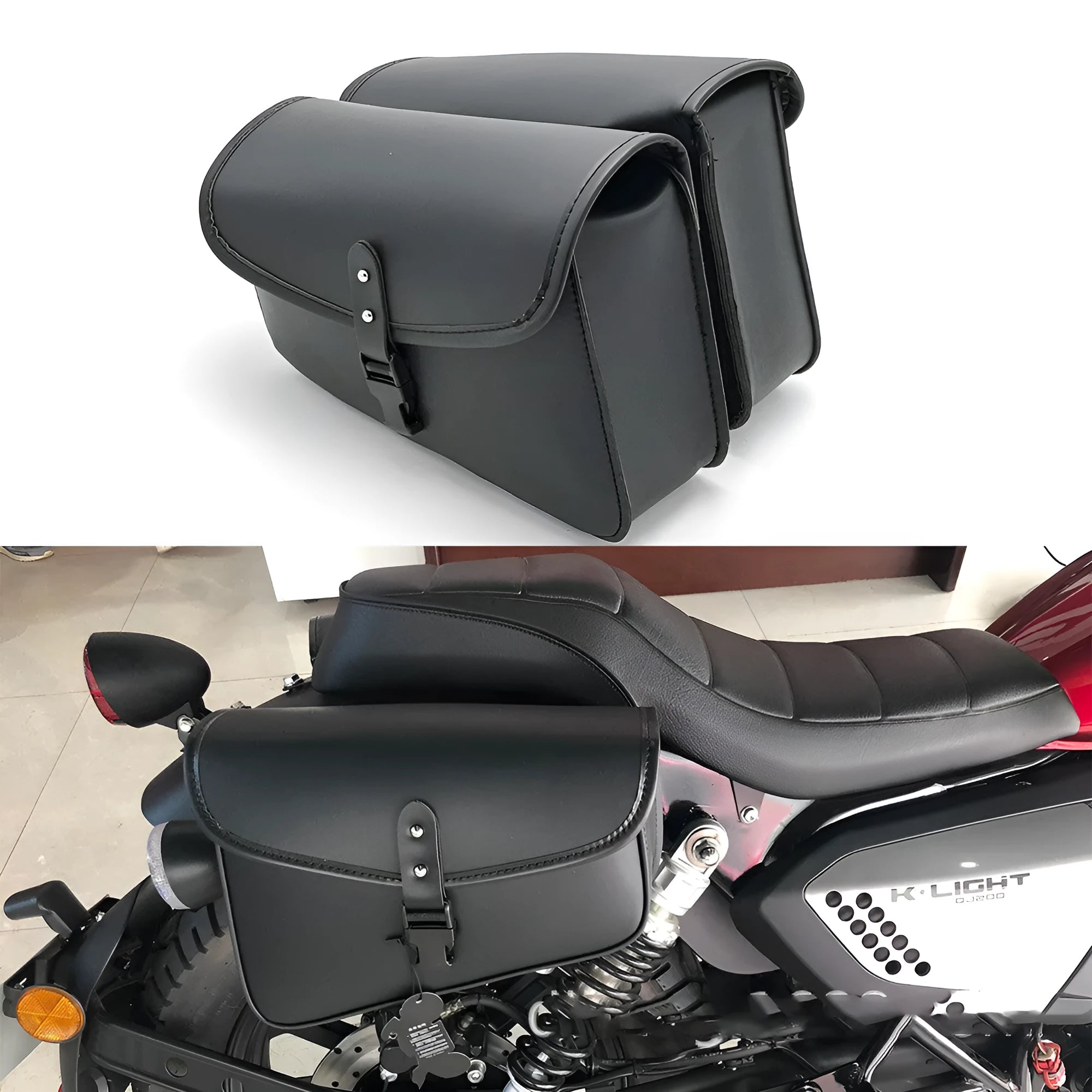 Black PU leather motorcycle swingarm bag mounted on a Harley Sportster side.