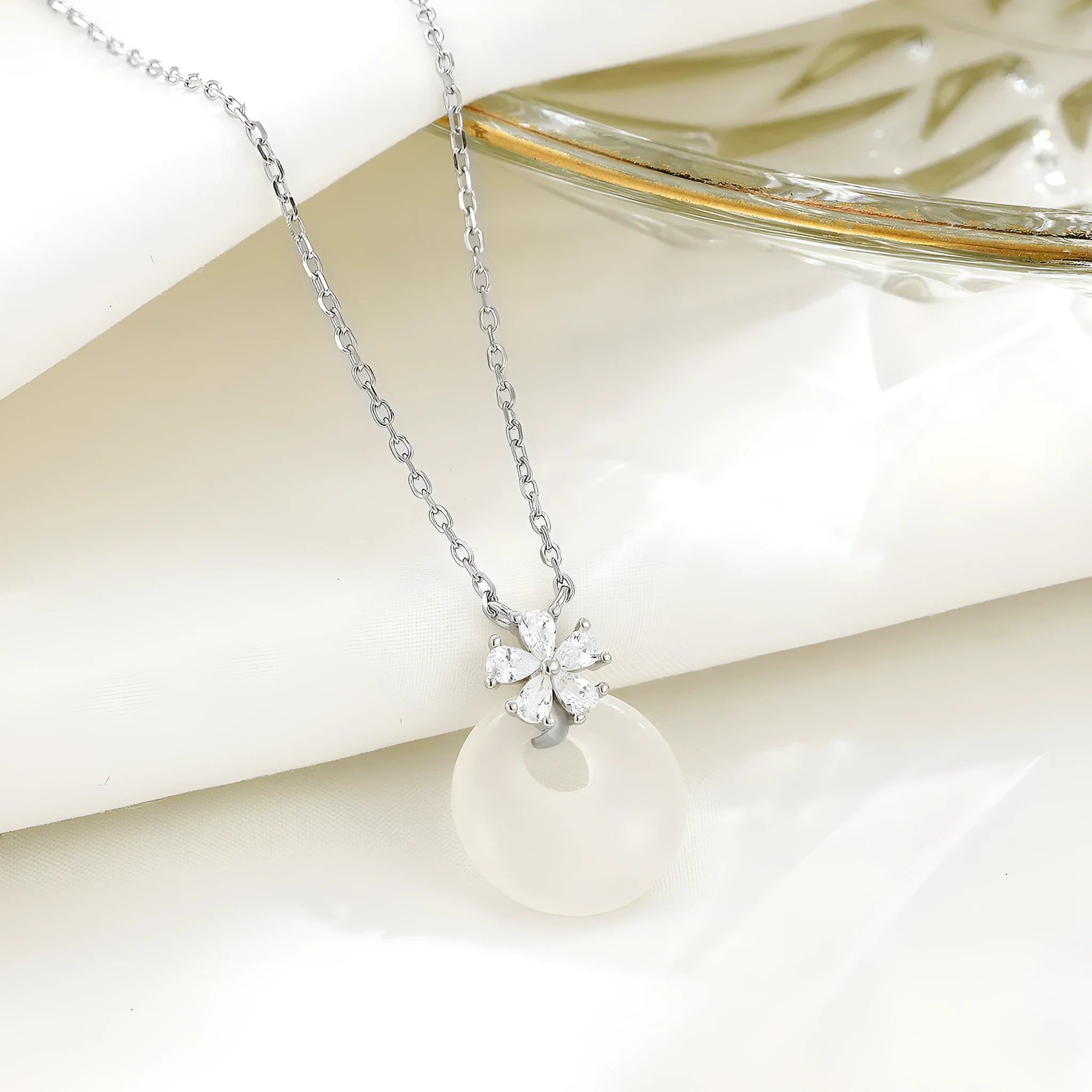 S925 sterling silver chalcedony peace buckle necklace on adjustable O-ring chain 41-50cm for women