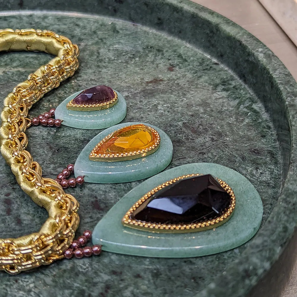 Peacock green agate water drop pendant necklace on heavy woven Cuban link chain with copper setting