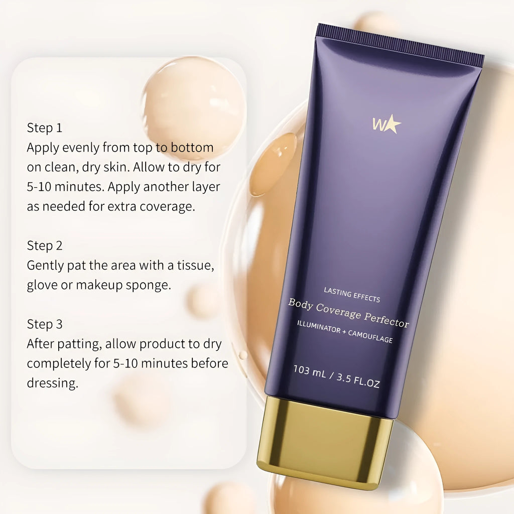 Waterproof body tattoo concealer pen with brush in 103ml capacity showing seven shade options from Fair to Deep Radiance