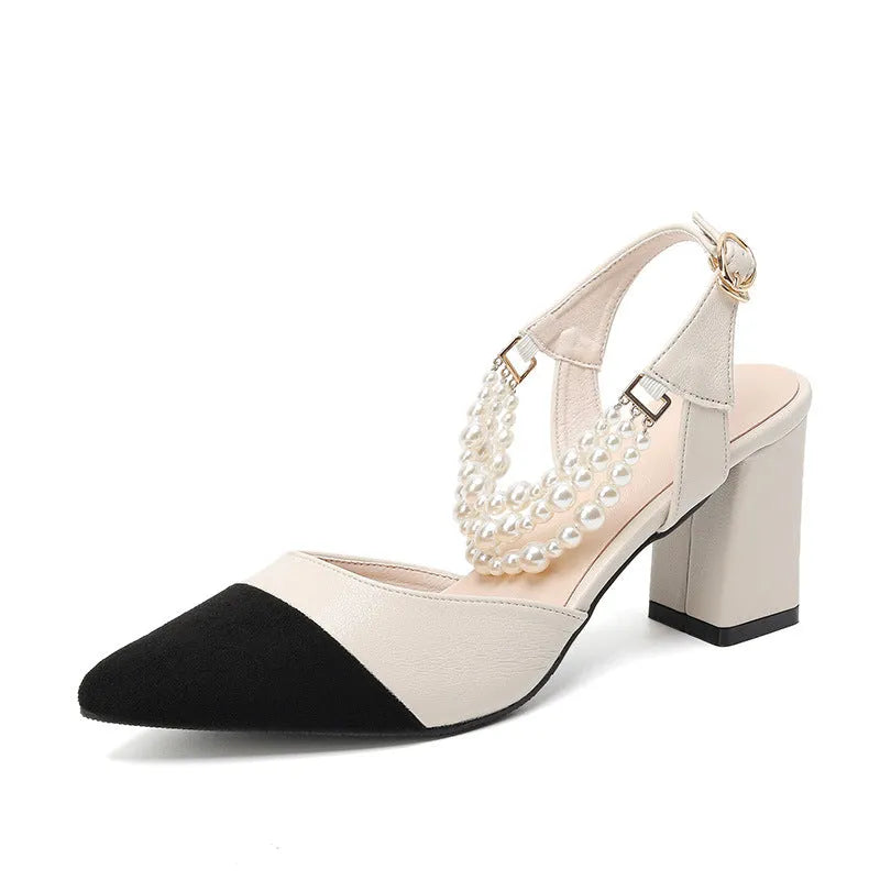 Pointed toe chunky heel sandals with buckle and pearl detail in black - women's plus size option
