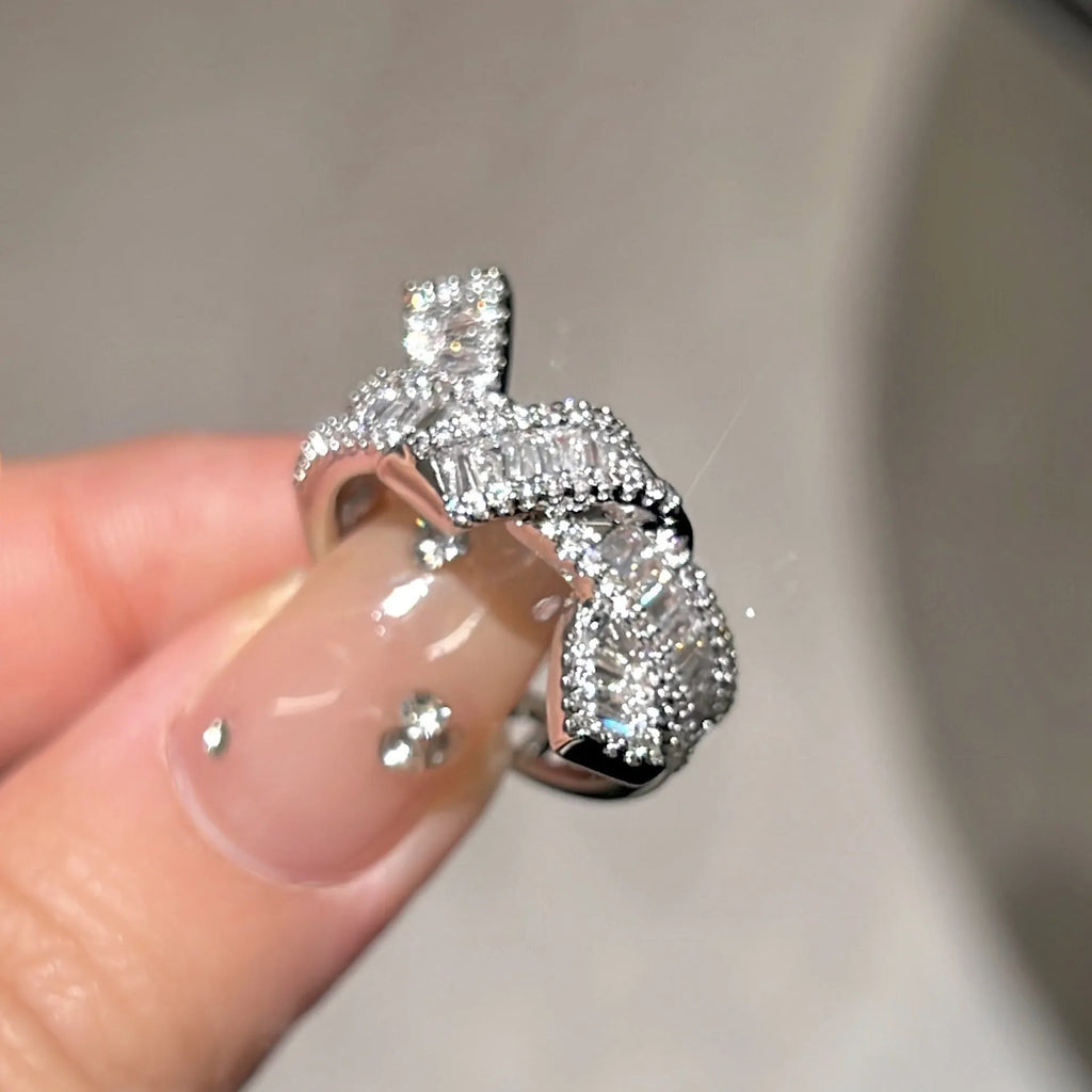 Silver cross open ring with bow shape on copper base, electroplating finish, minimalist style