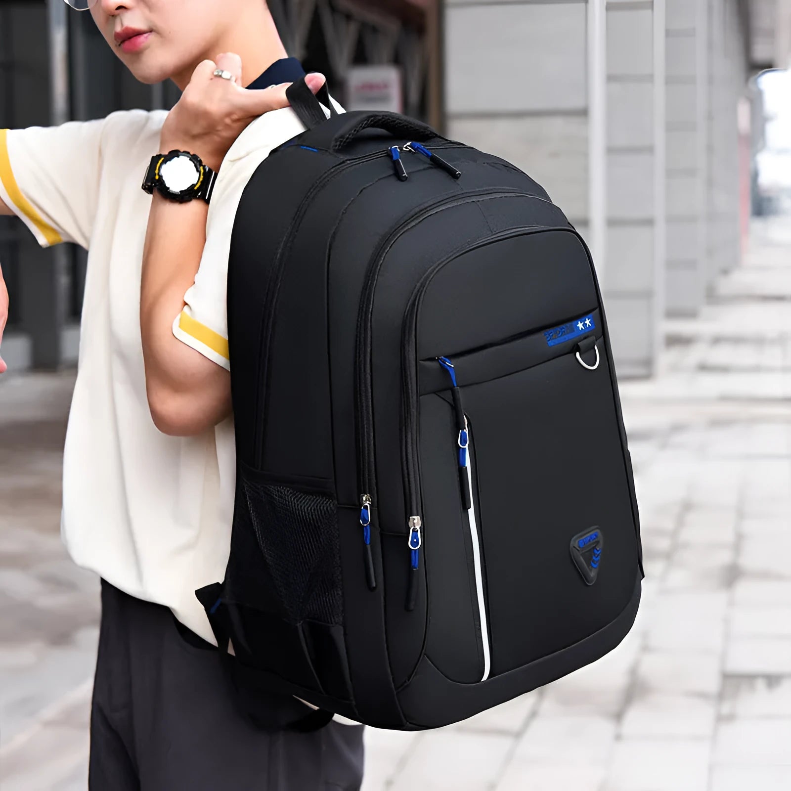 Men's Oxford cloth schoolbag with letters pattern in multiple colour options showing air pillow belt system